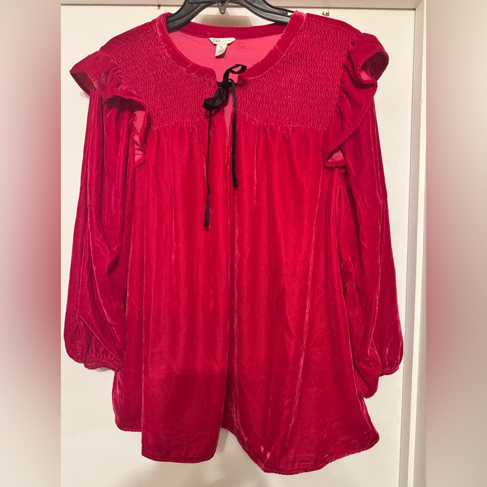Cato Pink Velvet Blouse with Tie Detail